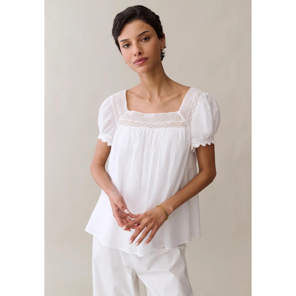 NWT sorella Lilibeth Lace Trim Puff Sleeve Cotton Top in White - Size Medium